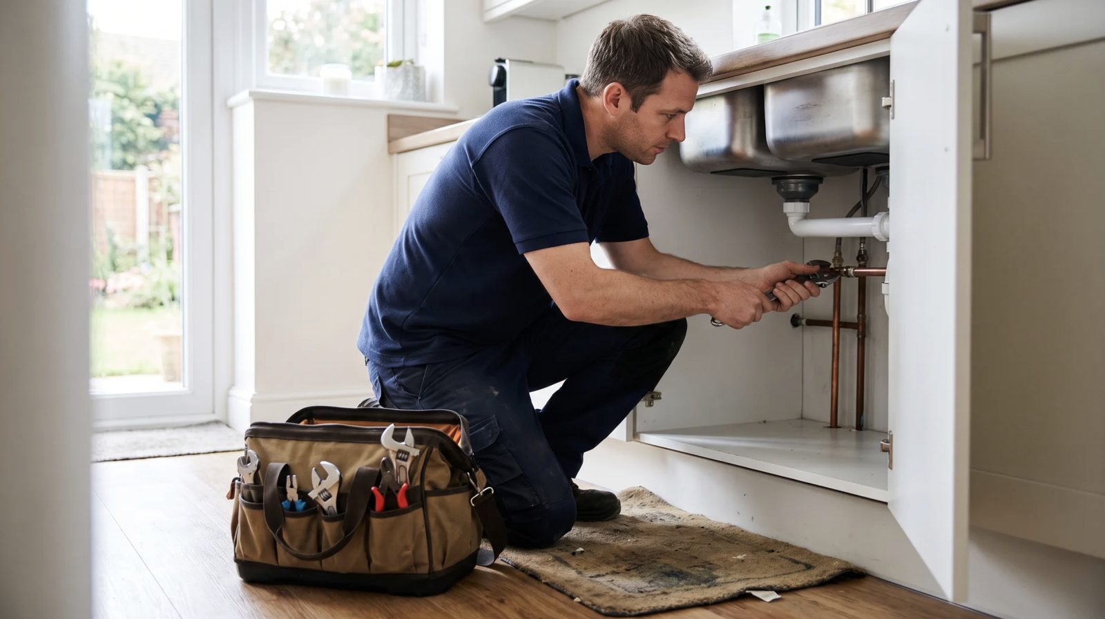 Plumbing Done Right engineer working on copper pipework in a bright UK home